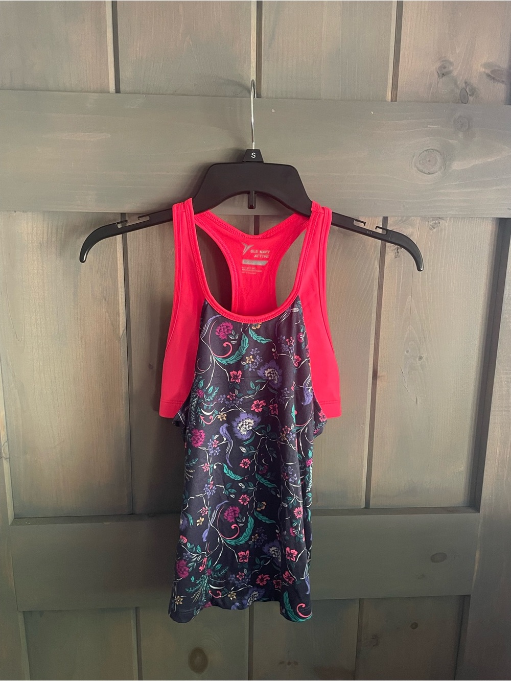 Old Navy Active Neon Pink Racerback Tank with Floral Accents girls 10-12